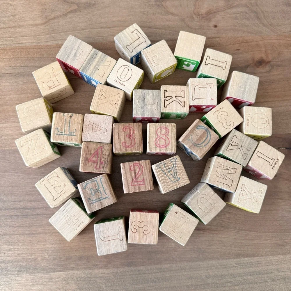 Vintage Lot of wooden letters/ numbers/ pictures building blocks- 36 total